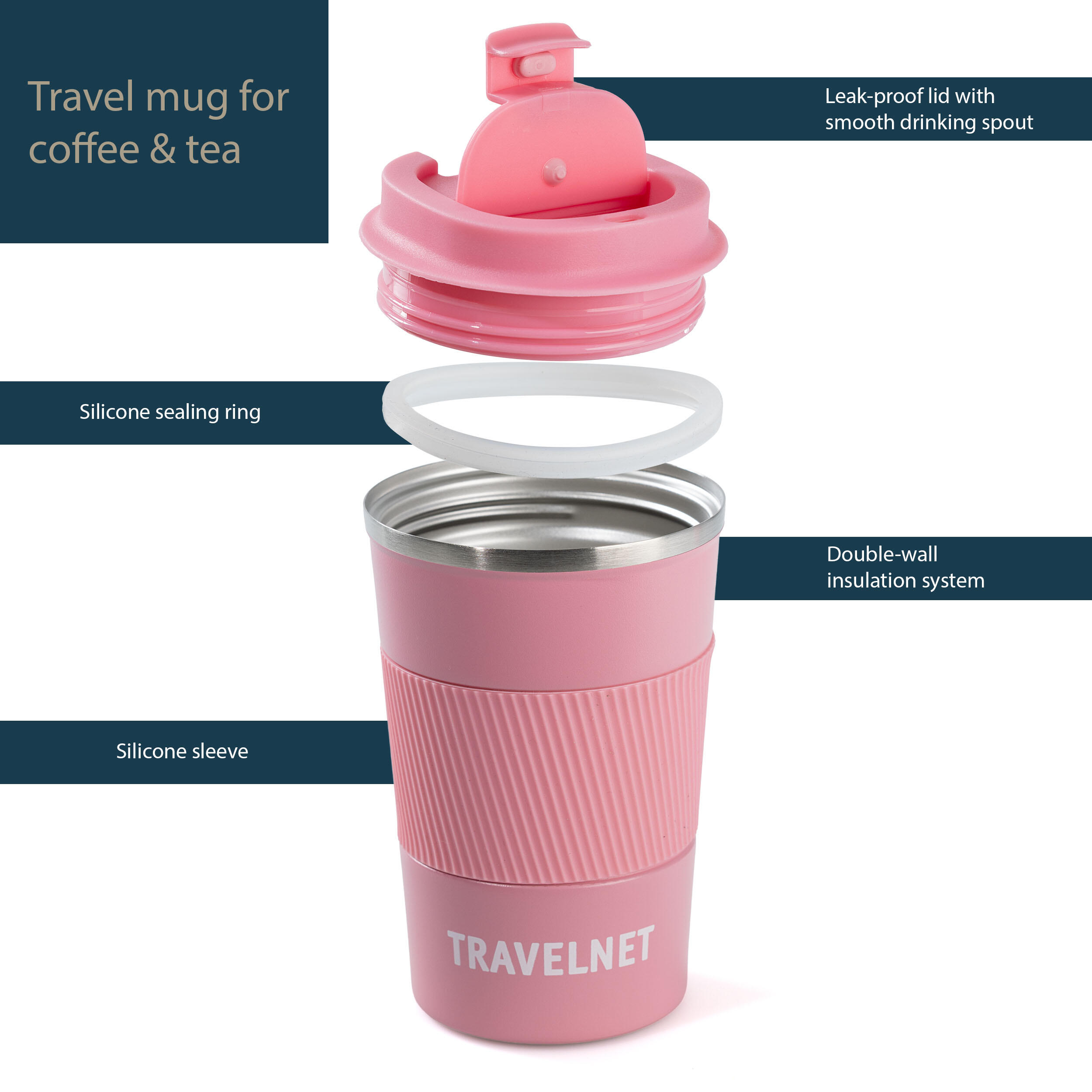 ERBO Tazza da caffè to go, in acciaio inox, a prova di perdite, con coperchio, per il viaggio, ecologica, colore nero, 380 ml
