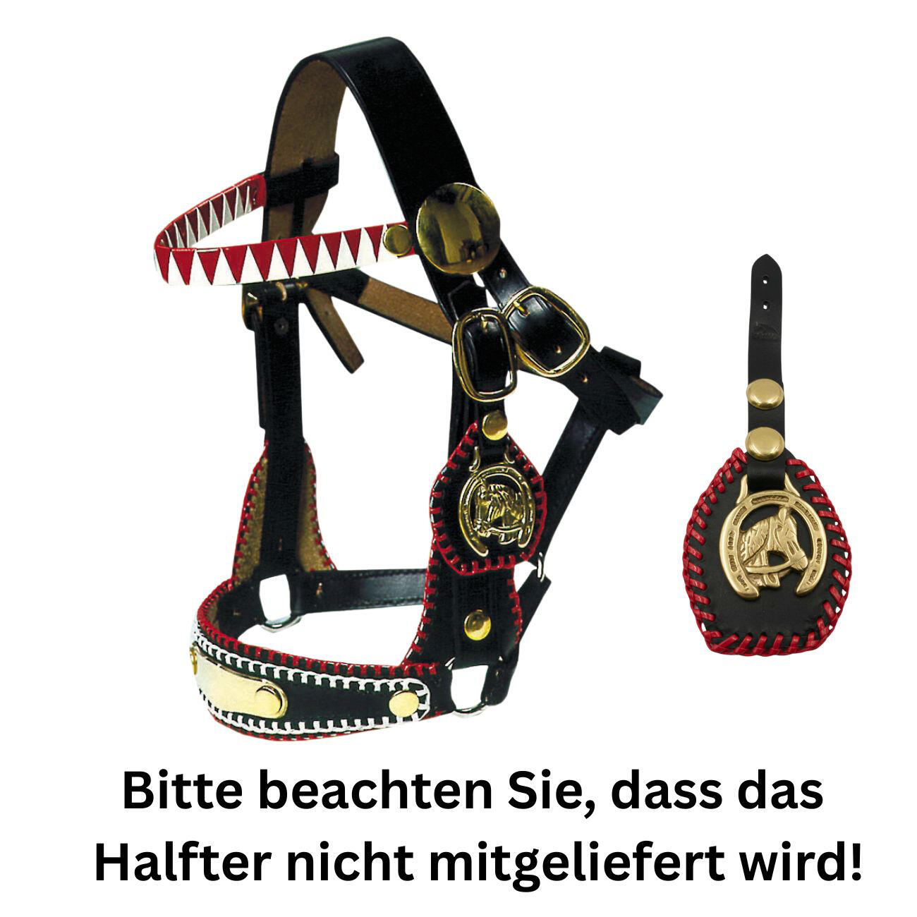 Pferdekopf Messing RECHTS mit Lederunterlage, rot eingeflochten 2/3