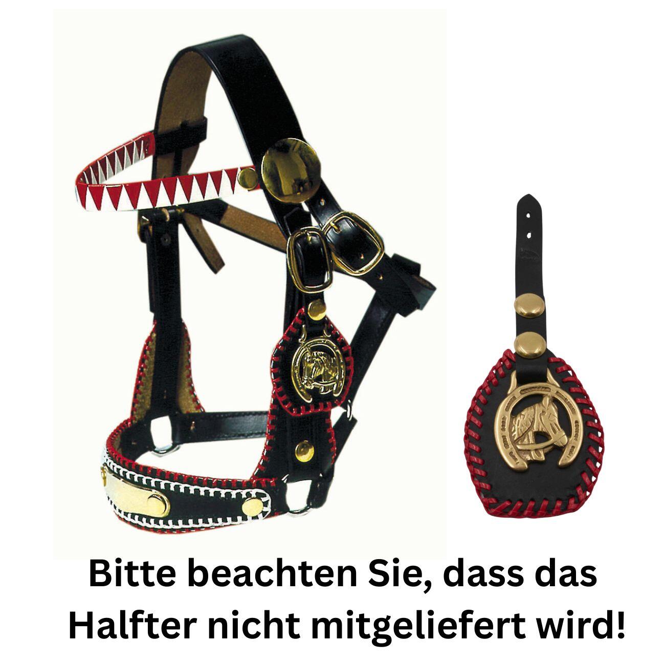 Pferdekopf Messing LINKS mit Lederunterlage, rot eingeflochten 2/3