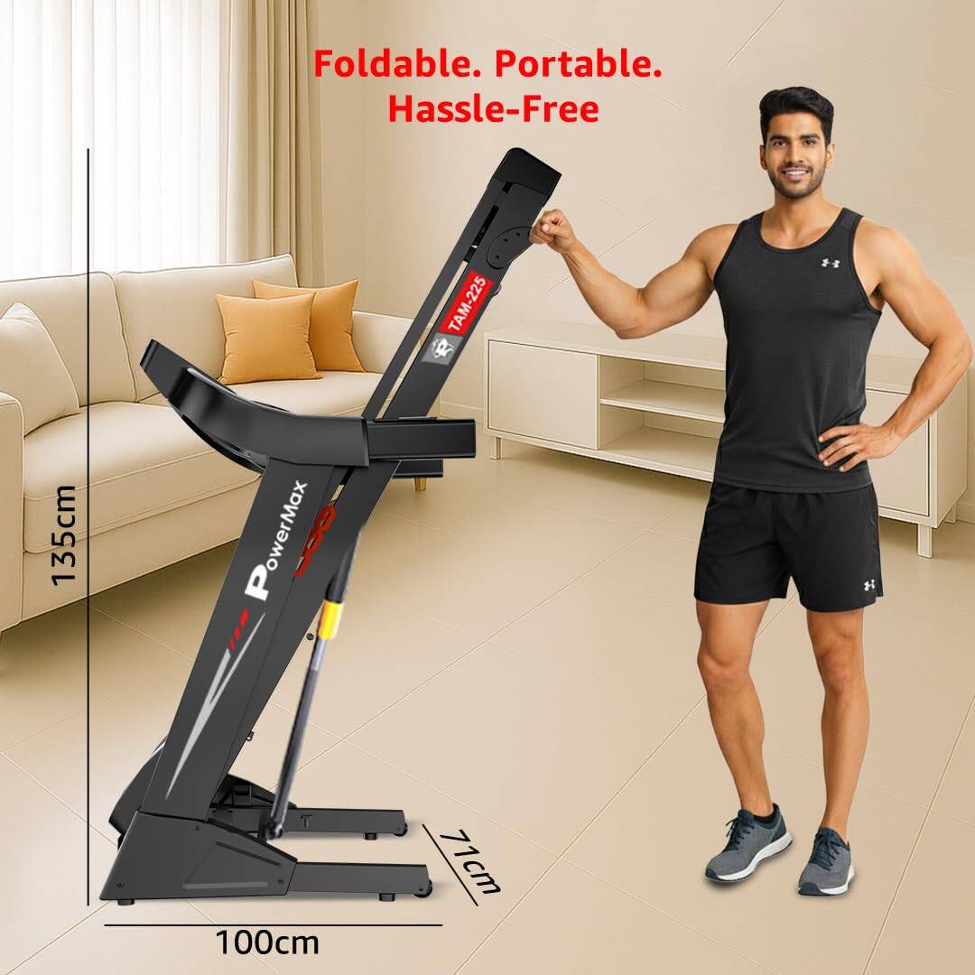 PowerMax Fitness TAM-225 (5HP) Premium AC Motorized Treadmill for Home Use, 12 Pre-Set Max Pro Workout Session【Max User Wt.130kg |3 Lvl Manual Incline | Top Speed:16 Km/hr | Speaker,AUX | LCD Display】 -  3
