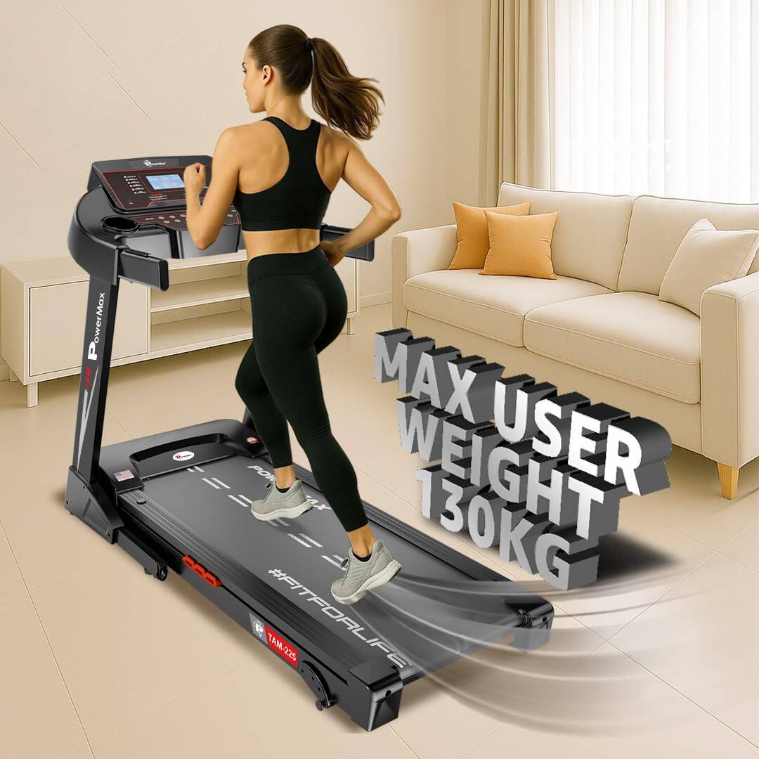 PowerMax Fitness TAM-225 (5HP) Premium AC Motorized Treadmill for Home Use, 12 Pre-Set Max Pro Workout Session【Max User Wt.130kg |3 Lvl Manual Incline | Top Speed:16 Km/hr | Speaker,AUX | LCD Display】 -  2