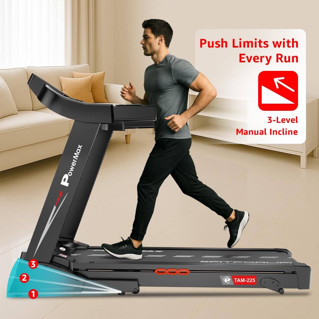 PowerMax Fitness TAM-225 (5HP) Premium AC Motorized Treadmill for Home Use, 12 Pre-Set Max Pro Workout Session【Max User Wt.130kg |3 Lvl Manual Incline | Top Speed:16 Km/hr | Speaker,AUX | LCD Display】 -  5