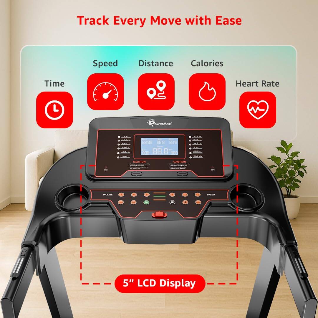 PowerMax Fitness TAM-225 (5HP) Premium AC Motorized Treadmill for Home Use, 12 Pre-Set Max Pro Workout Session【Max User Wt.130kg |3 Lvl Manual Incline | Top Speed:16 Km/hr | Speaker,AUX | LCD Display】 -  4