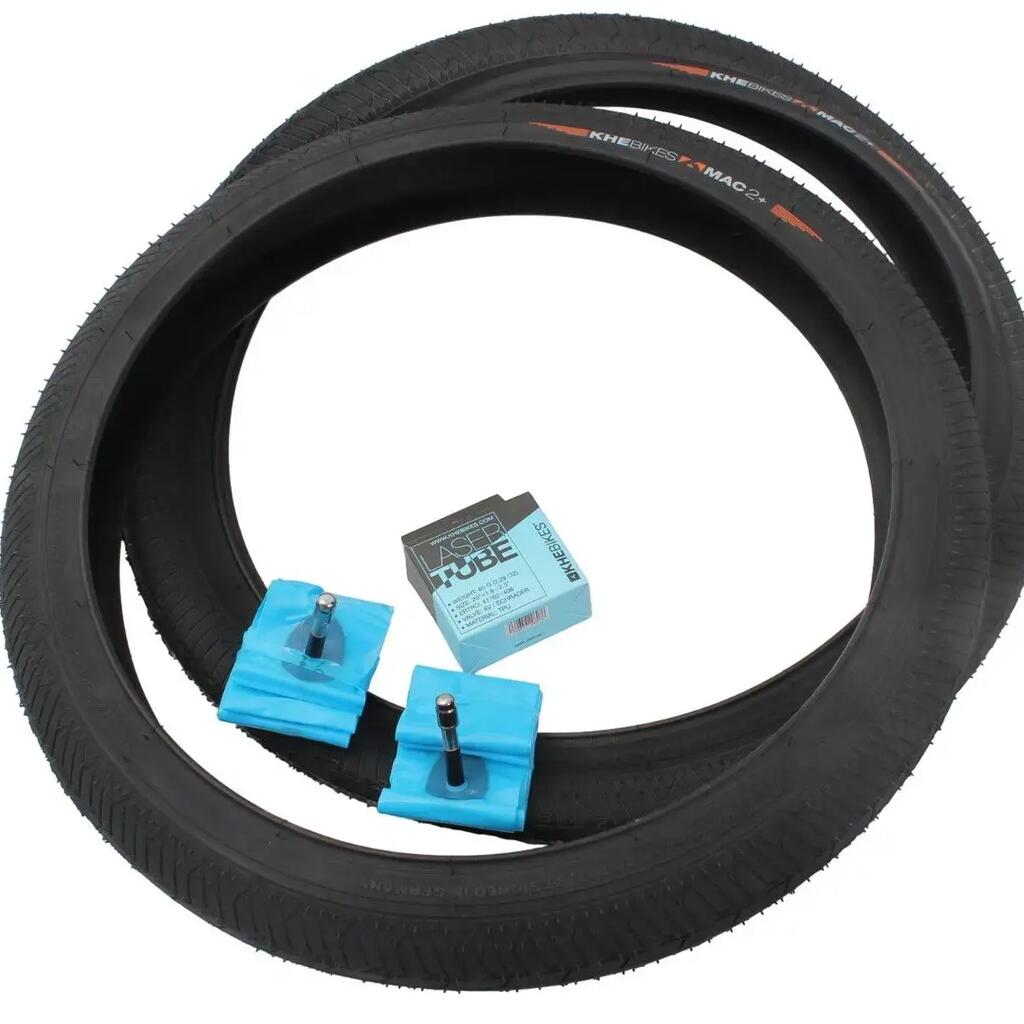 BMX tyres: 2x MAC2+ clincher (black) + 2x KHE LASER inner tubes