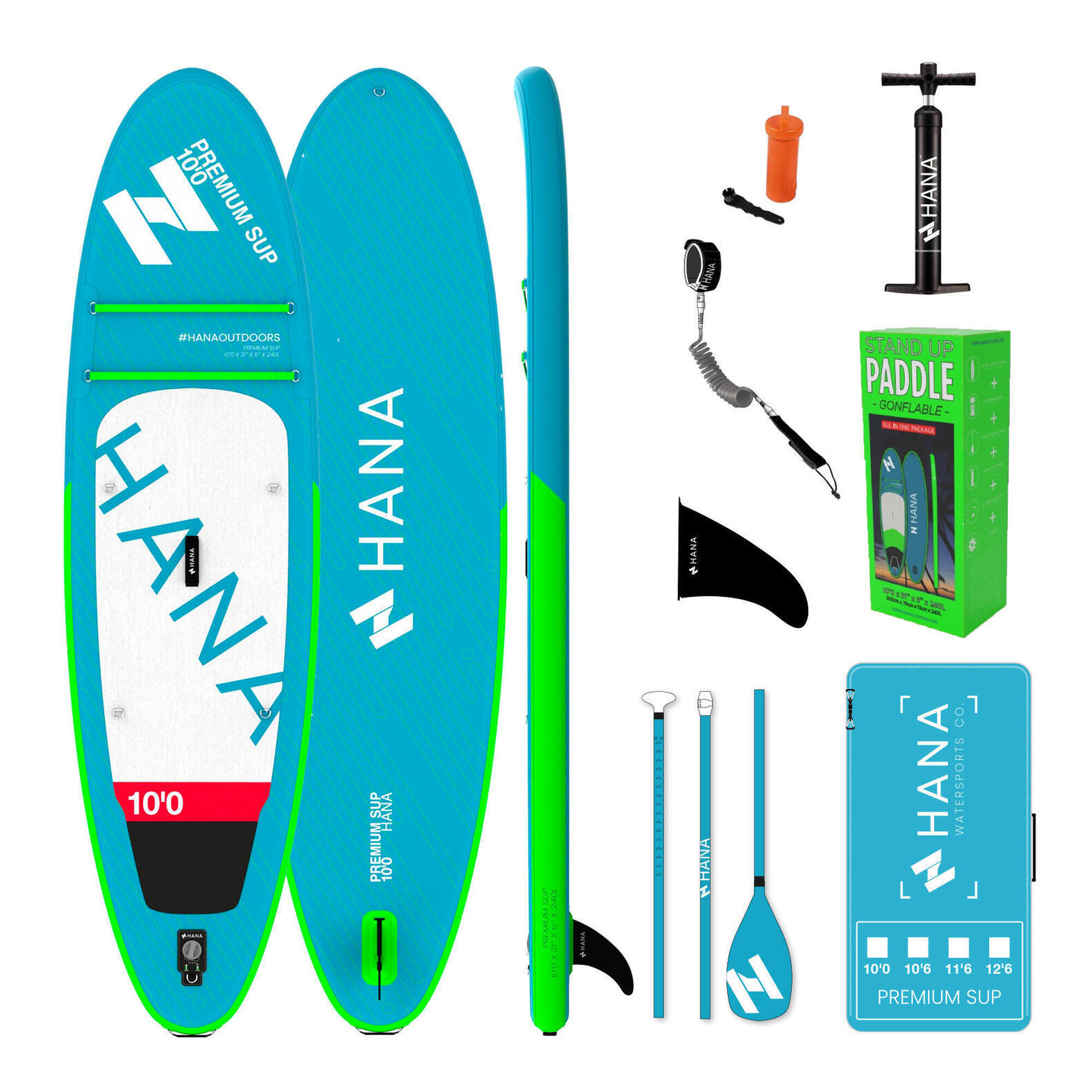 Hana Outdoors - Pack Paddle Gonflable 10'0 Premium Complet - Planche De Stand Up Paddle - Blanc|bleu|vert - Decathlon