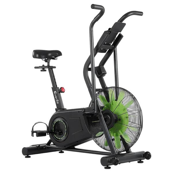 Air bike with fan resistance and dual action handles for home cardio