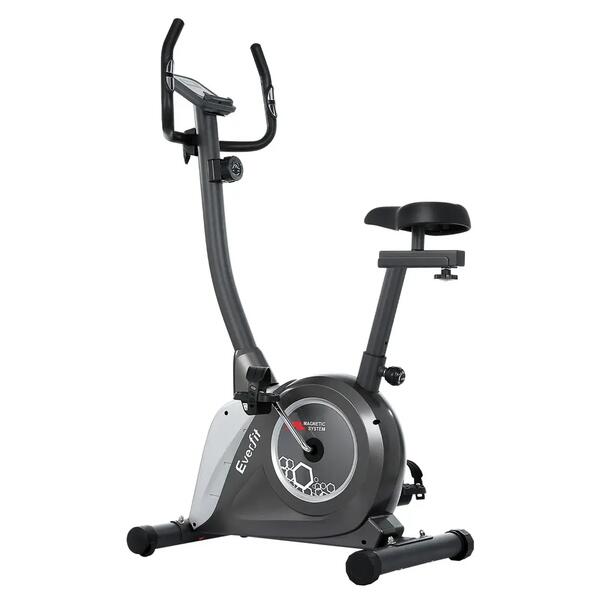 Upright magnetic exercise bike with a padded seat and console