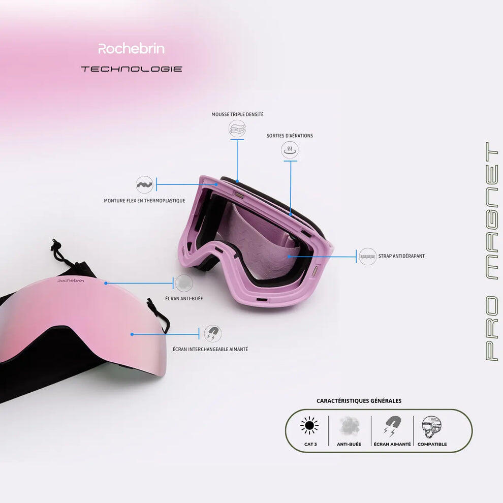 Masque de ski rose aimanté anti-buée catégorie 3 - (homme et femme) 5/8