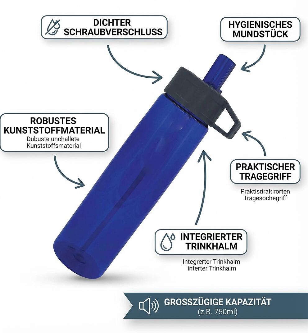 Trinkflasche BPA Frei Flasche für Sport Freizeit 0,75 L mit Trinkhalm 2/6