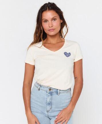 Tee Shirt en Coton Rip Curl "HEART V NECK TEE" Beige 2XS