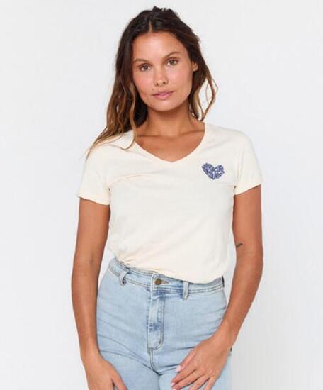 Tee Shirt en Coton Rip Curl "HEART V NECK TEE" Beige 2XS