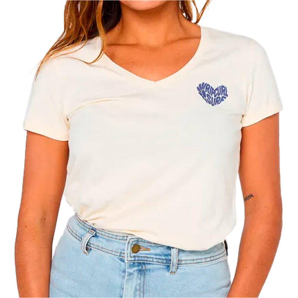 Tee Shirt en Coton Rip Curl "HEART V NECK TEE" S Beige 2/4