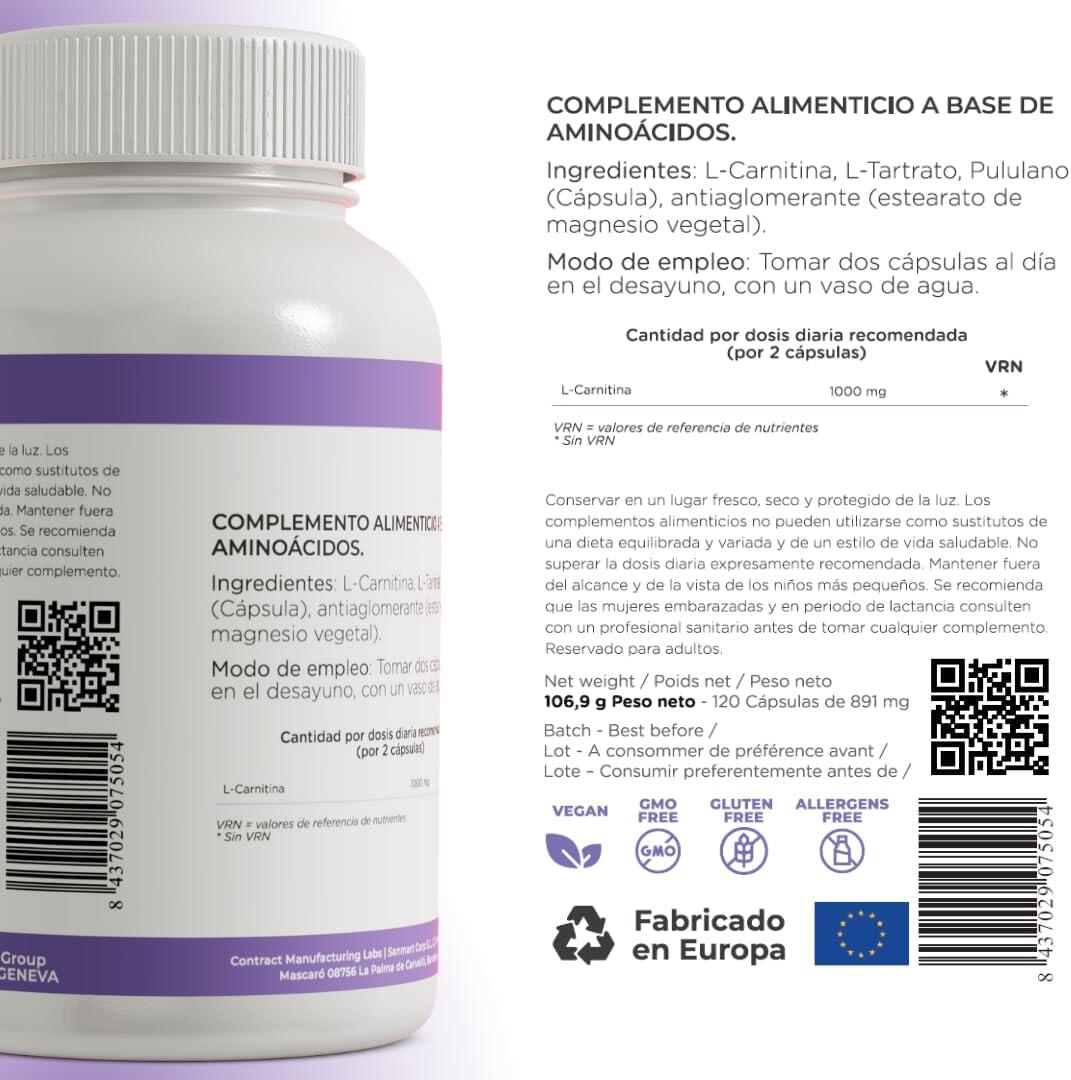L-Carnitina Tartrato 1000 mg 120 Cápsulas. 2/7