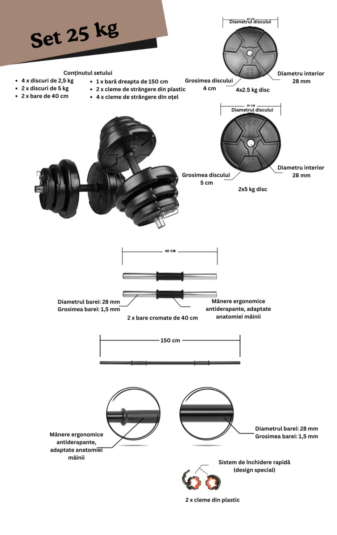 Set haltera si gantere reglabile de 20 KG, 2 bare de 40 cm, bara de 150 cm,negru 2/2