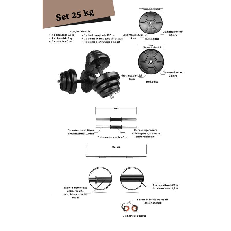 Set haltera si gantere reglabile de 20 KG, 2 bare de 40 cm, bara de 150 cm,negru