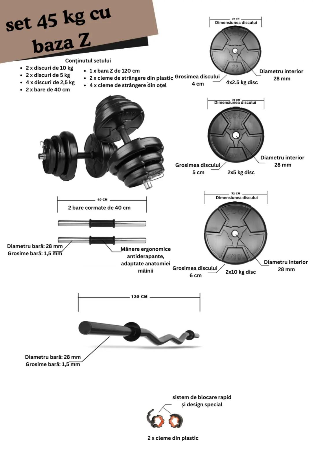 Set haltera si gantere reglabile de 40 KG cu 2bare de 40cm, o bara Z 20cm, negru 2/2