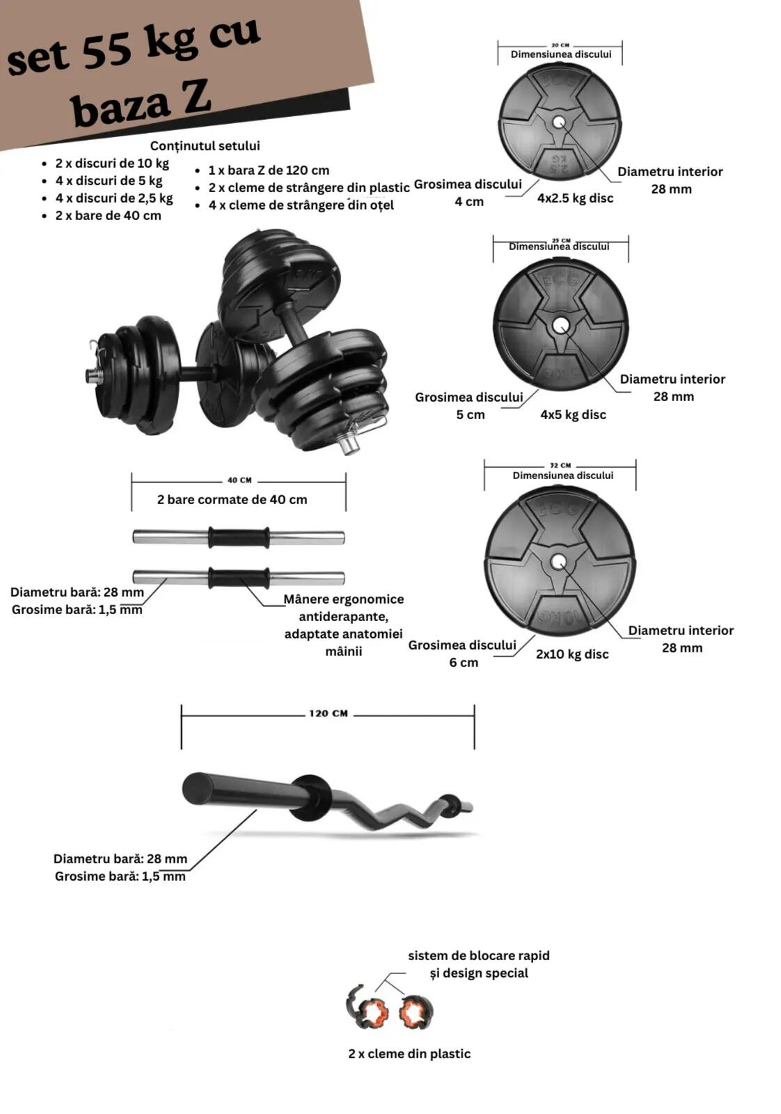 Set haltera si gantere reglabile de 50KG cu 2bare de 40cm, o bara Z 120 cm,negru 2/2