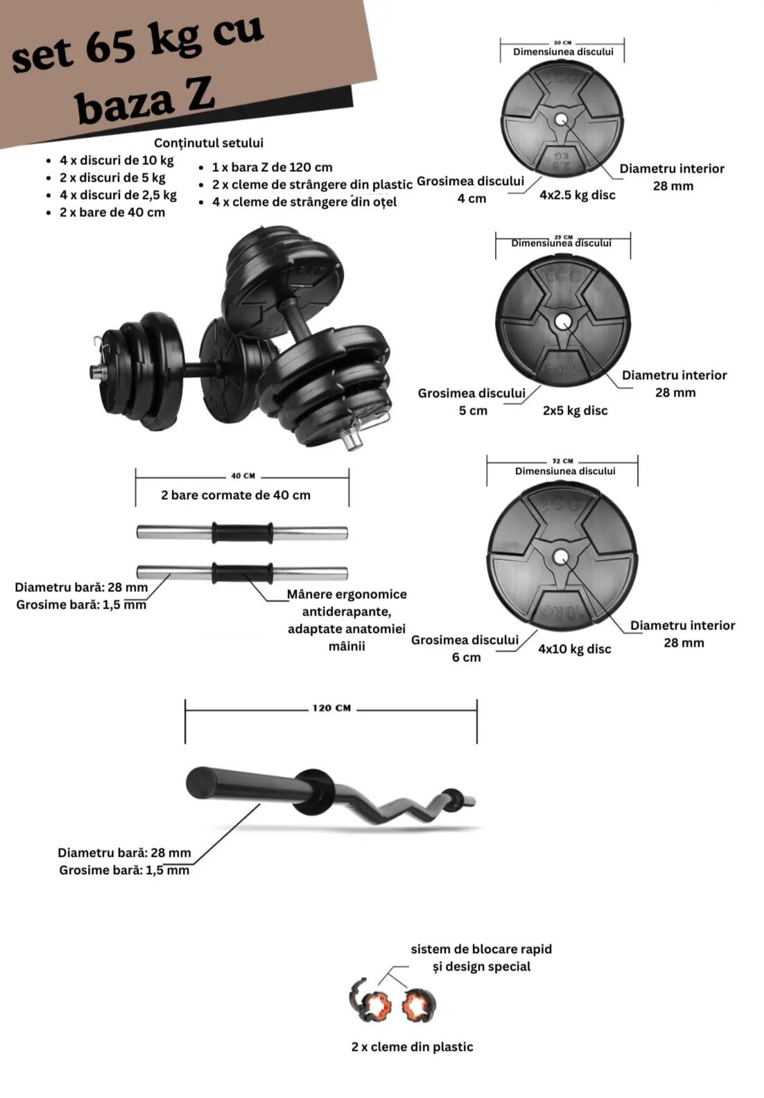 Set haltera si gantere reglabile de 60KG cu 2bare de 40cm, o bara Z 120cm, negru 2/2