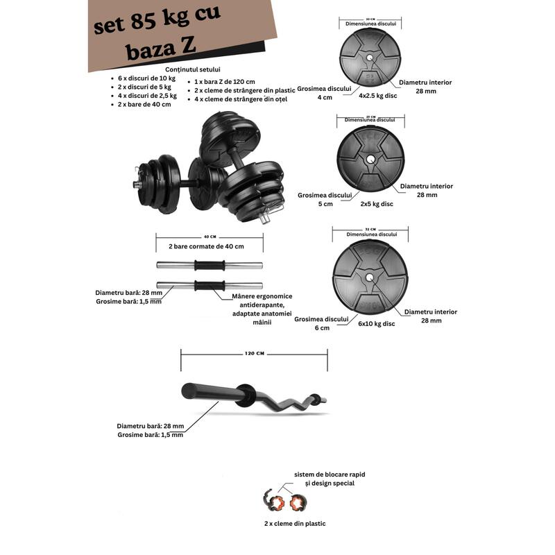Set haltera si gantere reglabile de 80 KG cu 2 bare de 40cm, o bara Z de 120cm