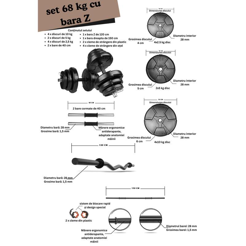 Set haltera, gantere reglabile de 60KG, 2 bare 40cm, bara Z, bara dreapta, negru