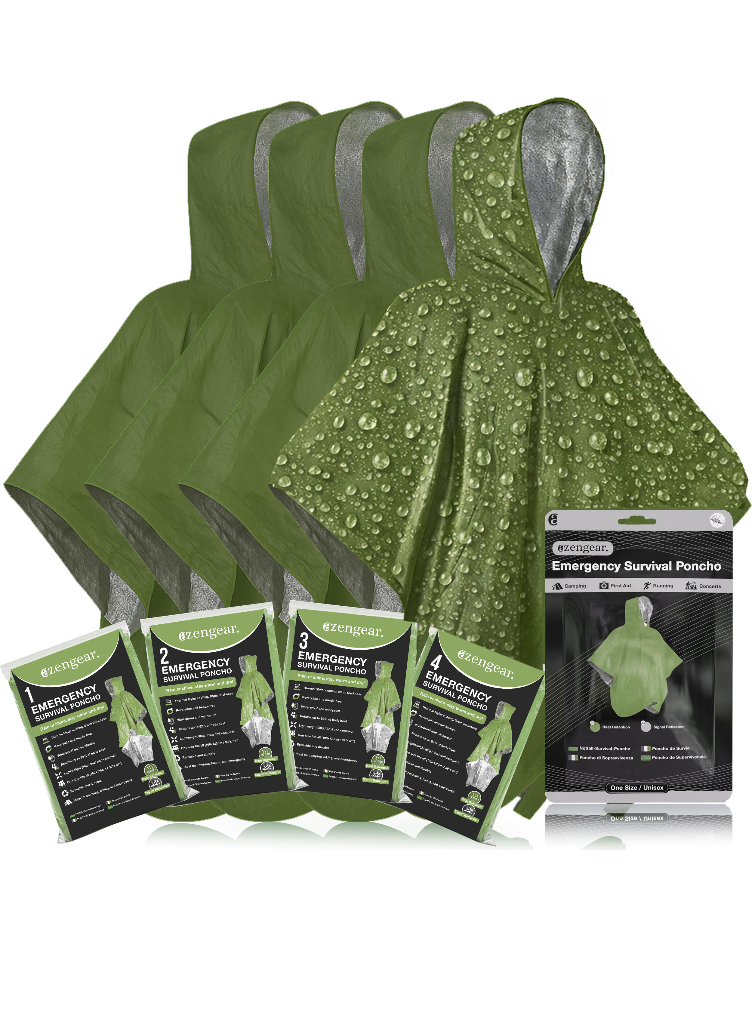AZENGEAR Poncho emergenza sopravvivenza impermeabile mylar (Verde 4 pz)