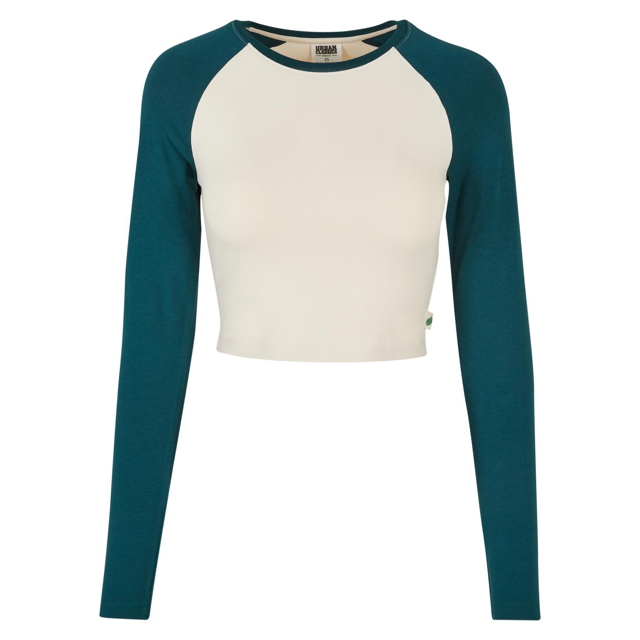 Urban Classics - T-shirt Crop Manches Longues Biologique Femme Urban Classics Retro Baseball - T-shirt Manches Longues - Blanc|bleu - Decathlon