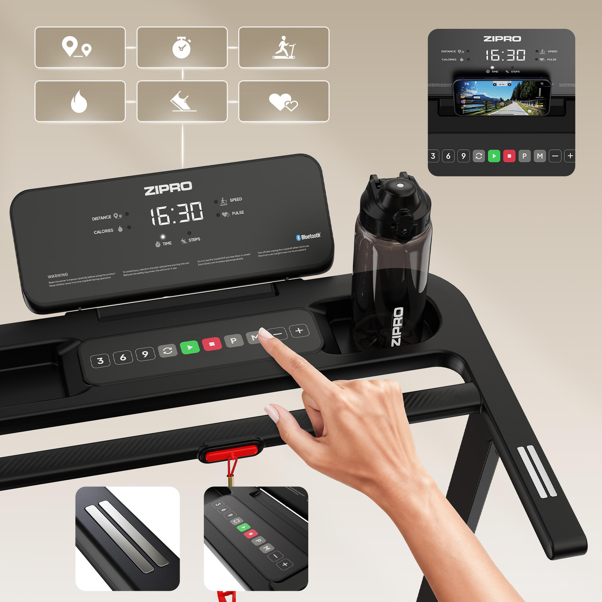 Běžecký pás ZIPRO Forma 12 km/h, skládací, sklon 3 stupně, APP, Bluetooth, Zwift 4/7