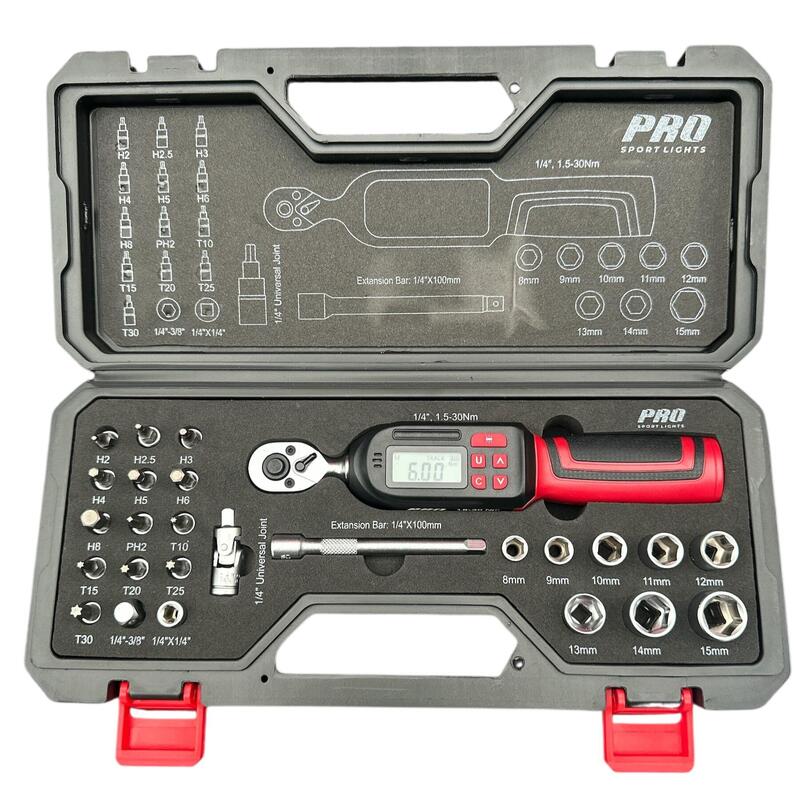 Set de chei dinamometrice – 26 de piese, digital, 1,5–30 Nm, 1/4"
