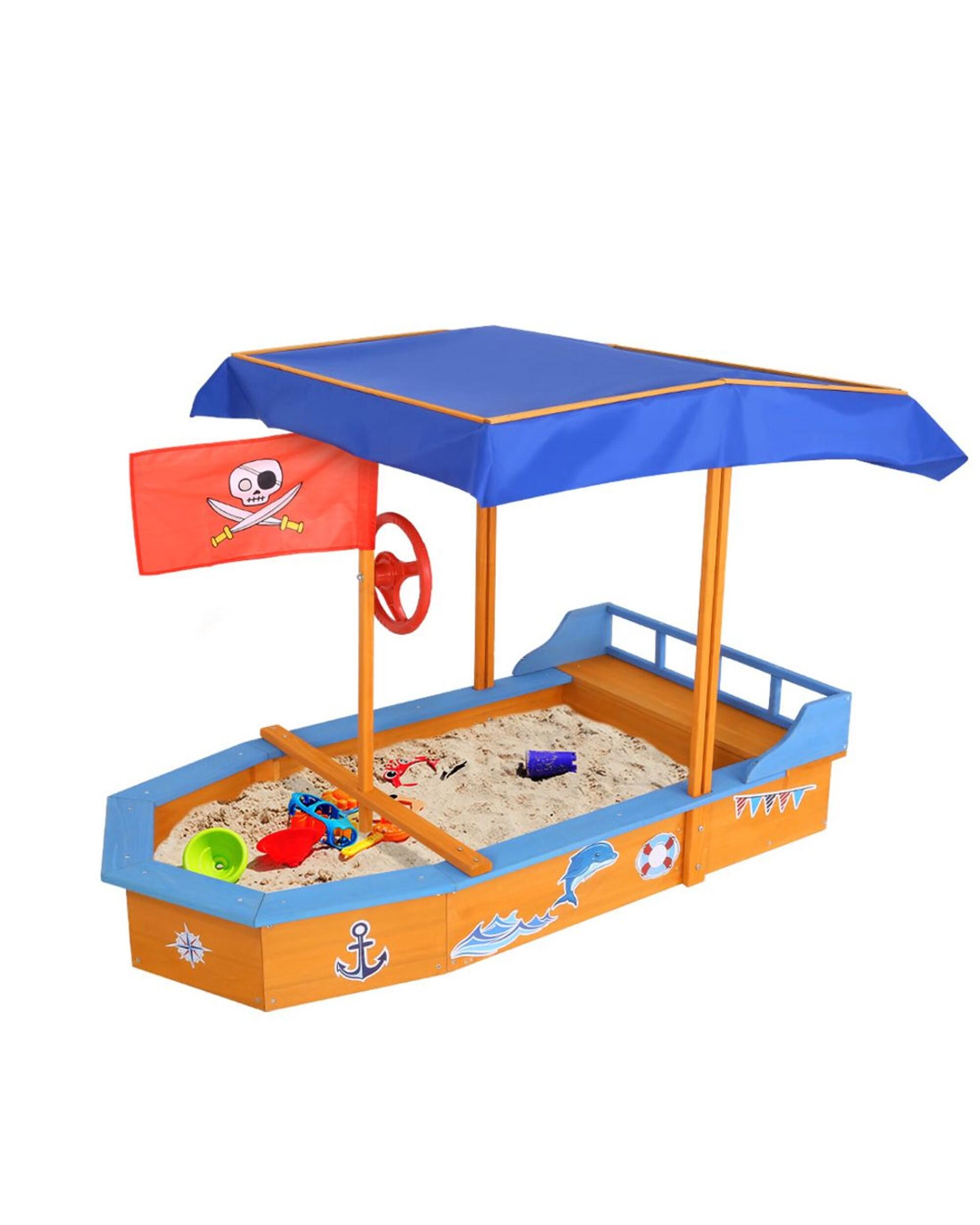 Keezi Kids Sandpit Wooden Boat Sand Pit with Canopy Bench Seat Beach Toys 150cm