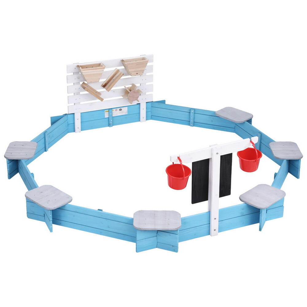 Keezi Kids Sandpit Wooden Round Pit with Cover Funnel Bench Seat Beach Toys