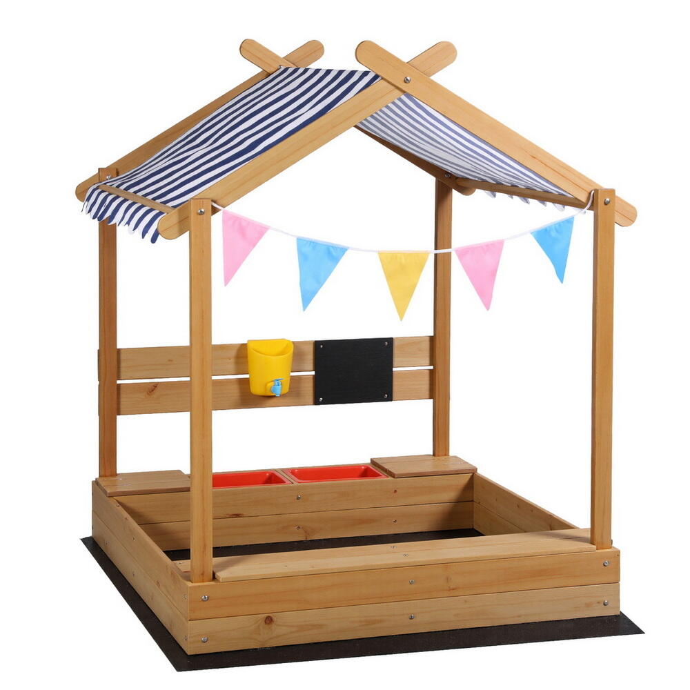 Keezi Kids Sandpit Wooden Sandbox Pit with Canopy Water Basin Toys 146cm