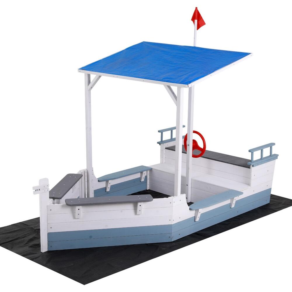 Keezi Kids Sandpit Wooden Box Boat Canopy Flag Outdoor Toys Children