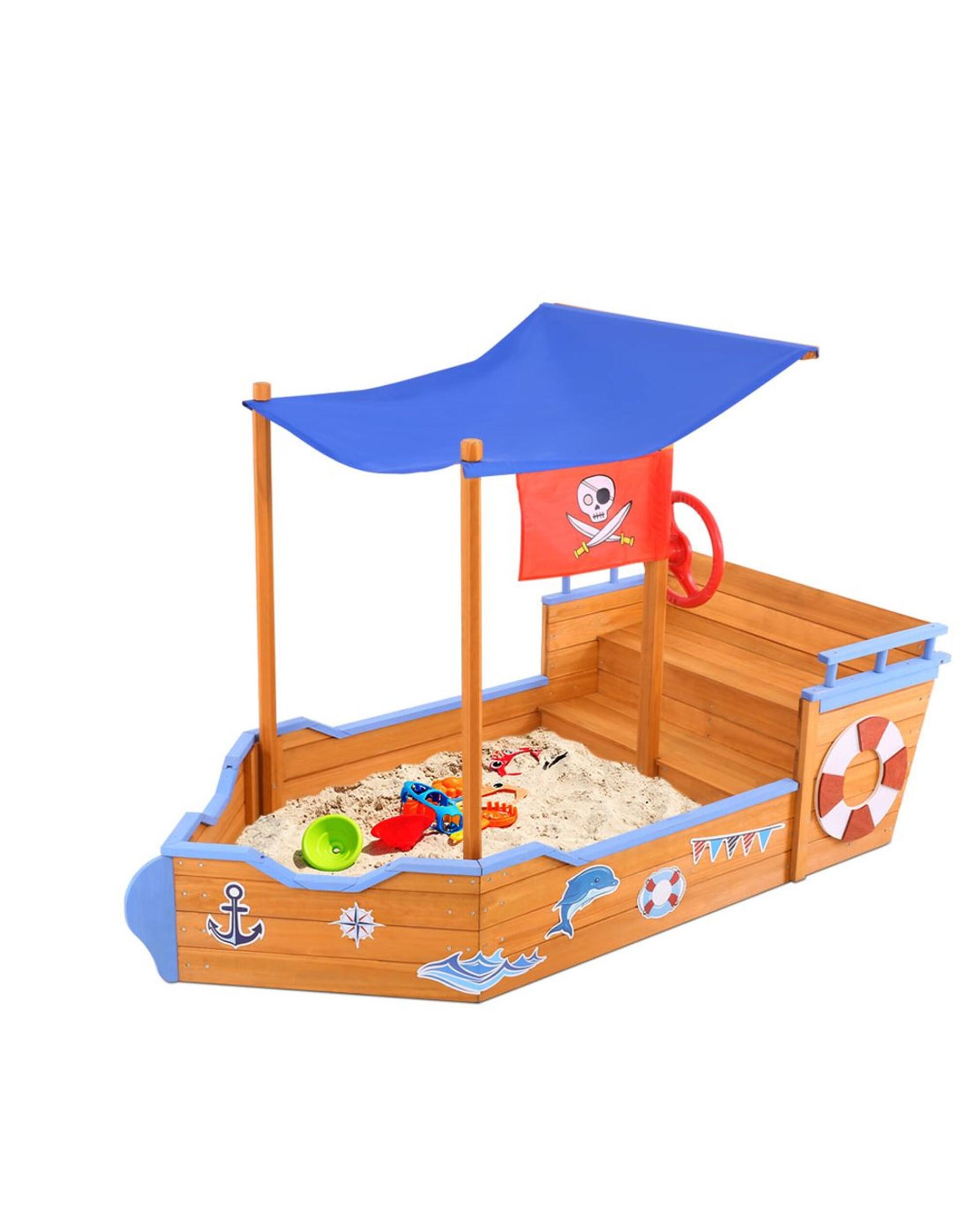Keezi Kids Sandpit Wooden Boat Sand Pit with Canopy Bench Seat 165cm