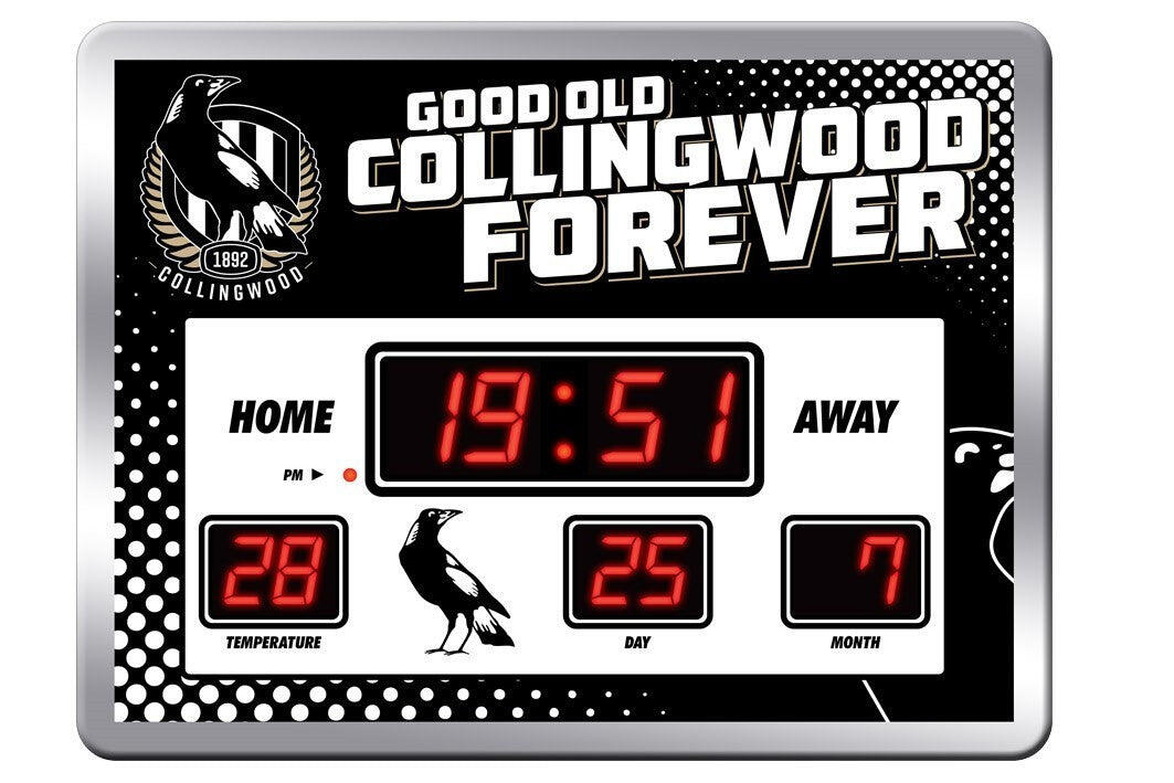 AFL LED Scoreboard Clock - Collingwood Magpies - 45x33cm - Time Temp Date