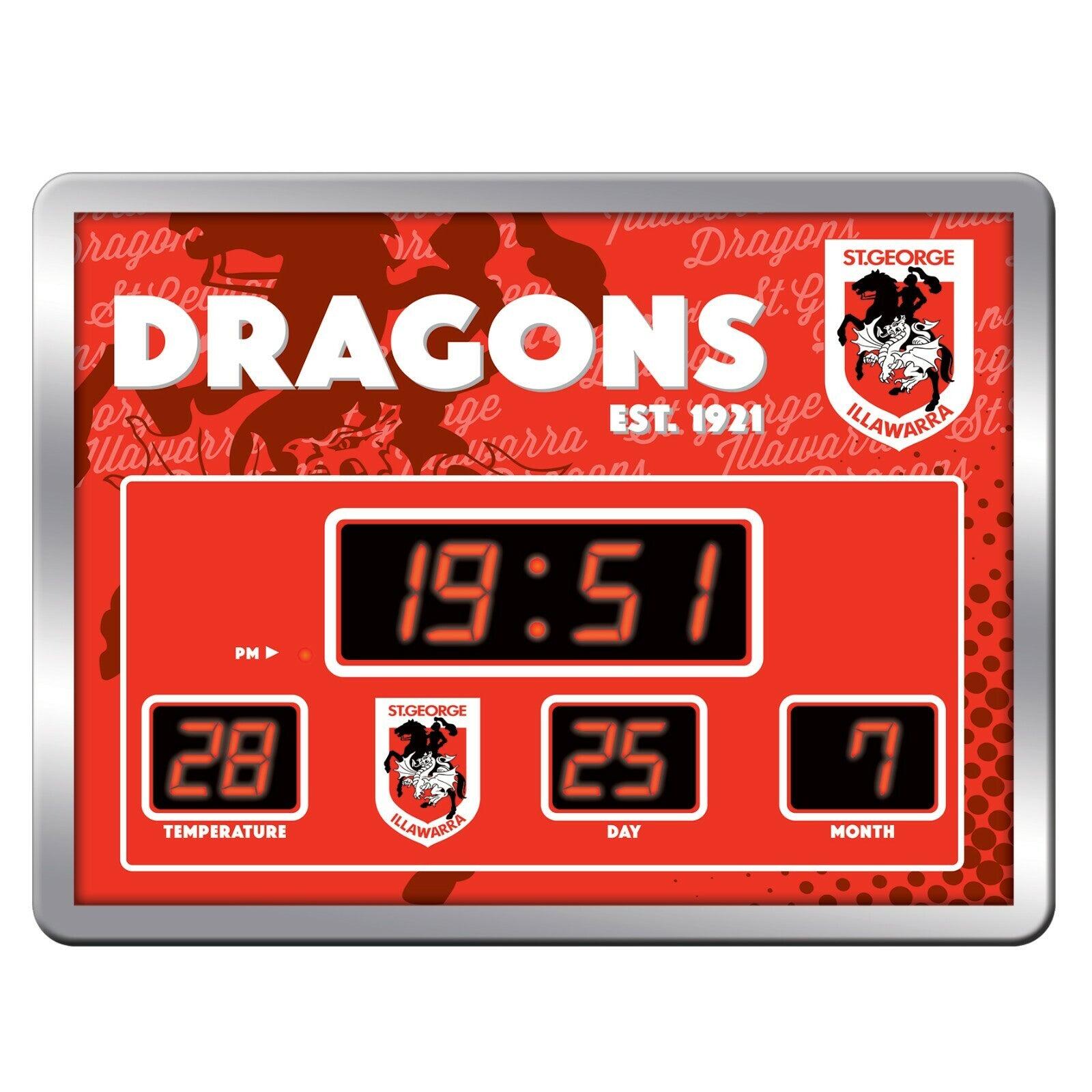 NRL LED Scoreboard Clock - St George Illawarra Dragons 45x33cm - Time Temp Date