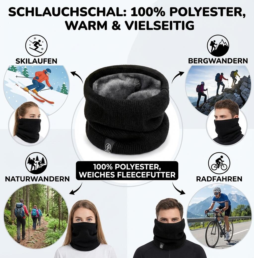 Schlauchschal Schwarz mit Fleece Futter Superwarm Dehnbar Ski Schal 6/6