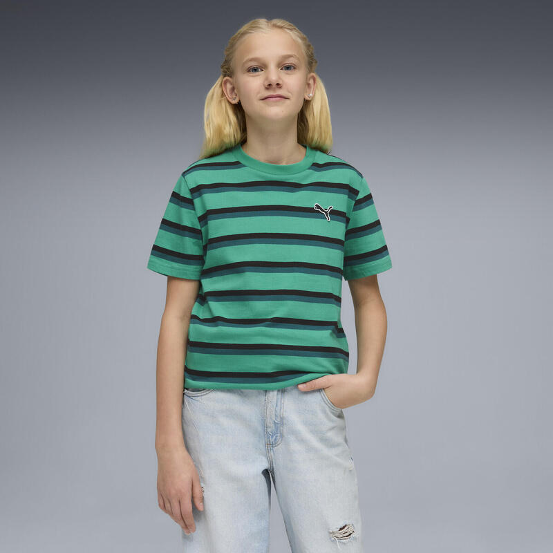 Tricou copii mânecă scurtă Essentials, verde cu dungi negre și albastre PUMA