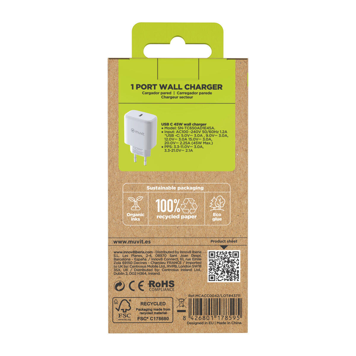 Cargador de Pared MUVIT SN-TC650AD1E45A Enchufe EU 3/5