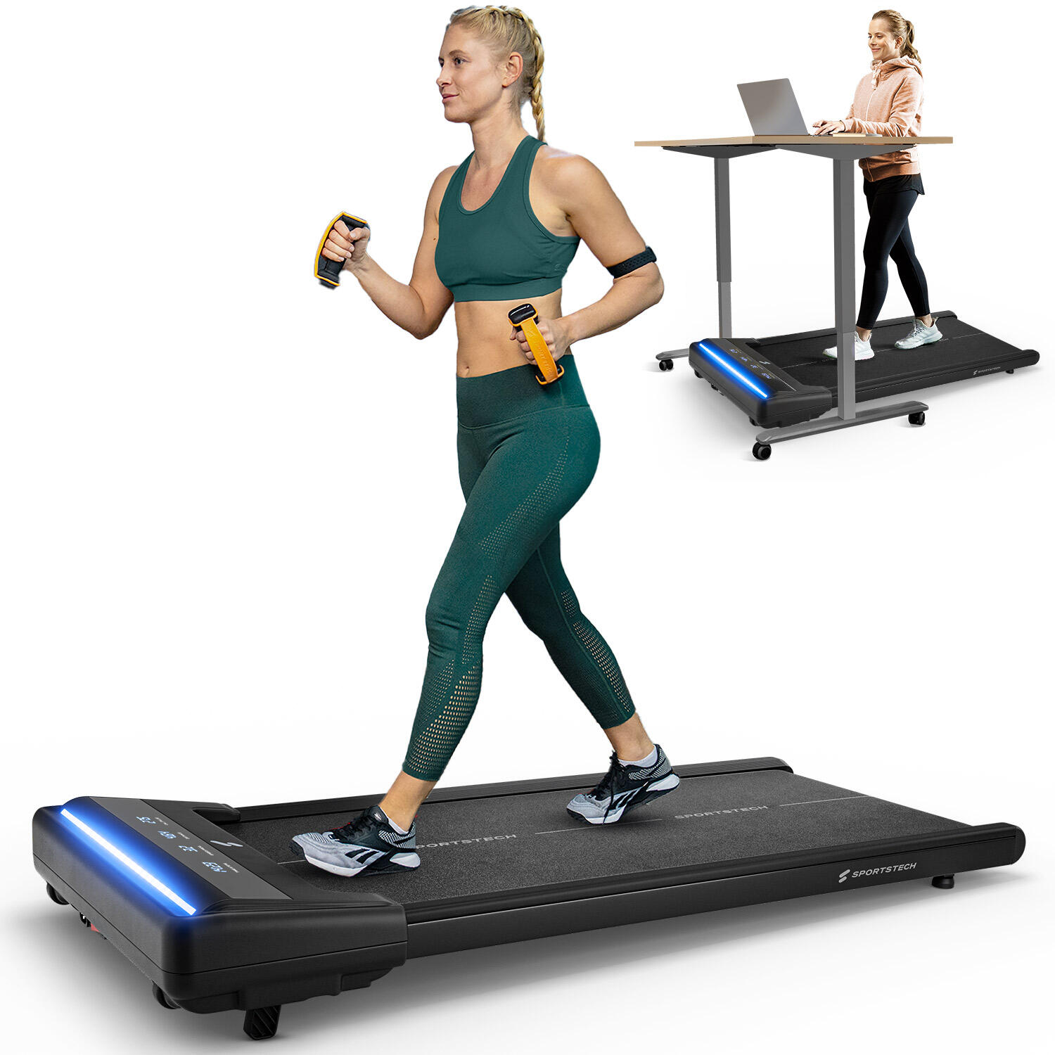 Sportstech Walking Pad sWalk Lite, tapis de course compact, jusqu'à 6 km/h, fonction LED, inclinaison manuelle, compatible app fitness, jusqu'à 120 kg