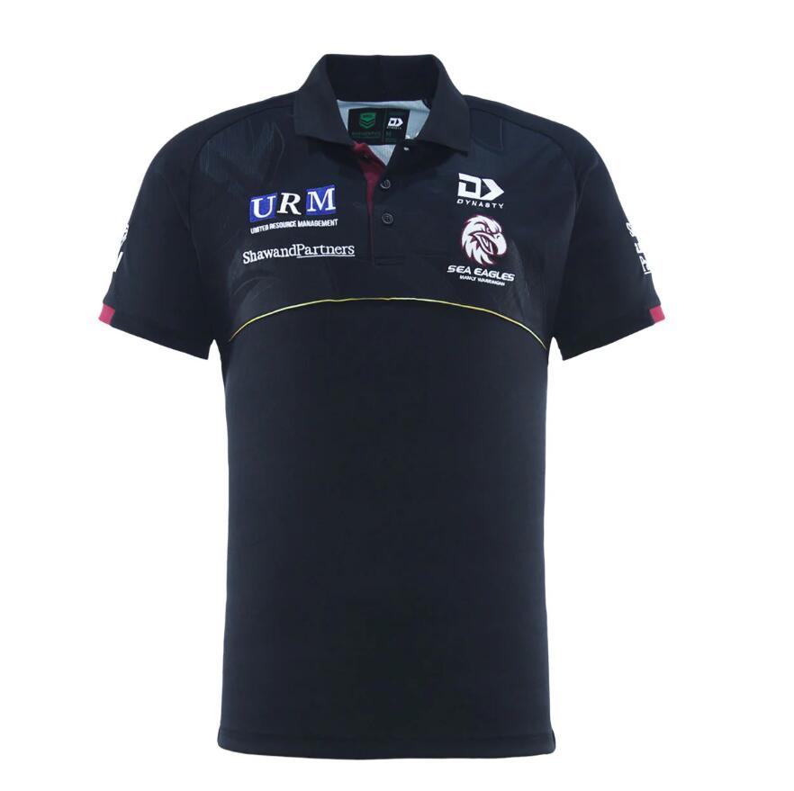 NRL 2025 Media Polo Shirt - Manly Sea Eagles - Black - Adult - Mens