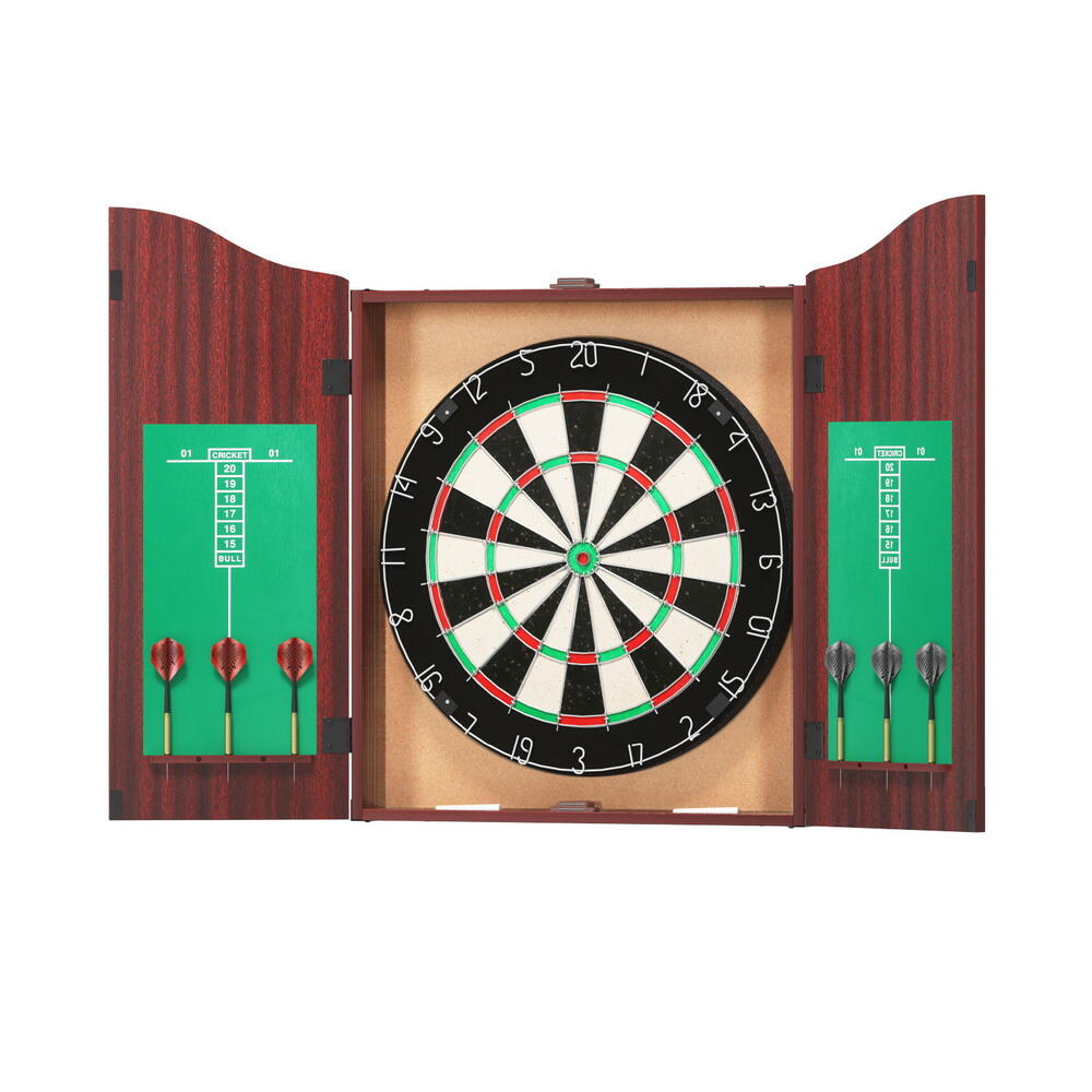 18" Dartboard Dart Board with Steel Darts Wooden Cabinet Party Game