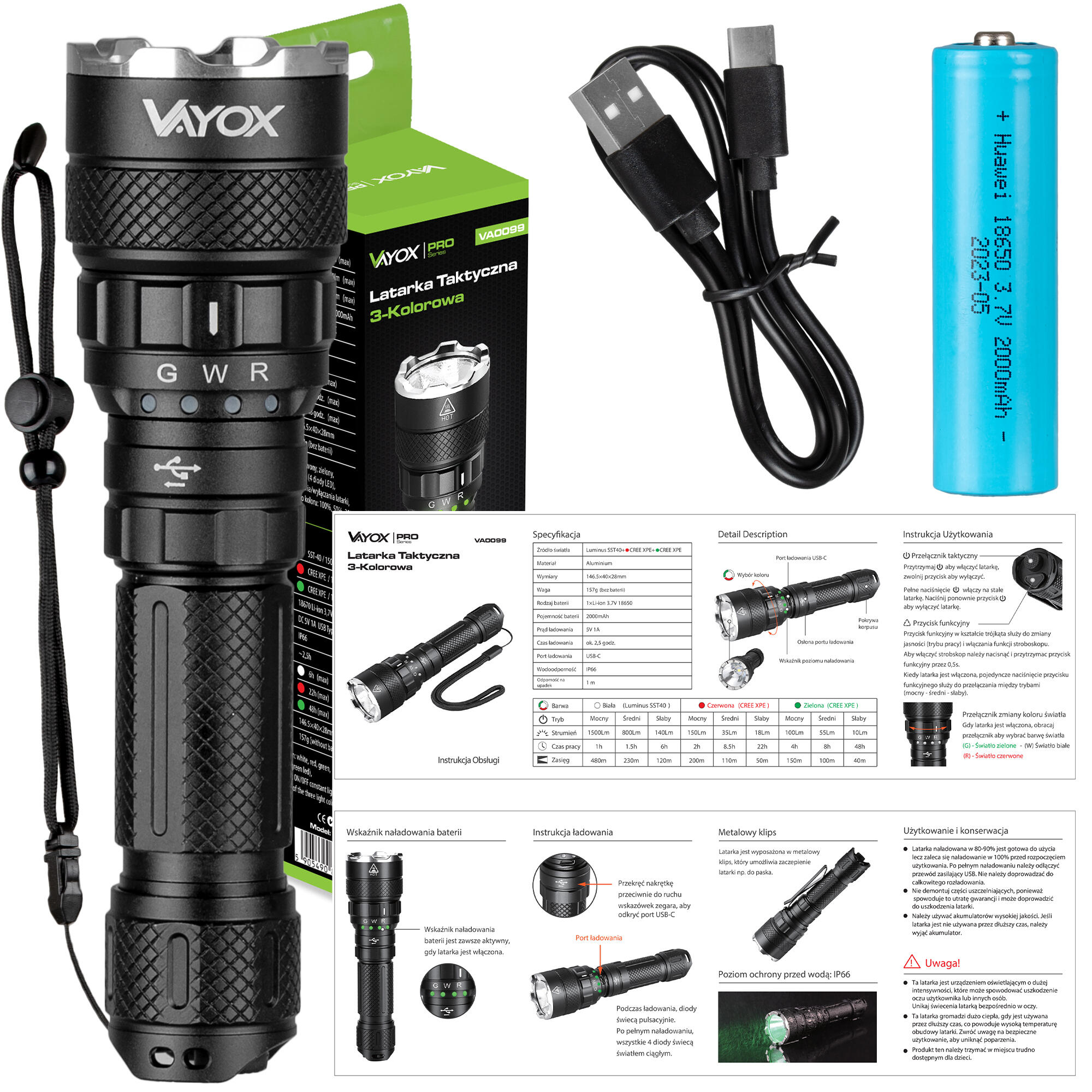Torcia manuale Vayox VA0099, 1500 lm, SST40 15W 6500K, ricaricabile, 3 colori 7/7