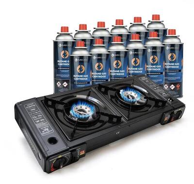 Eurocatch 2 pits kooktoestel op gas - incl. 12 butaan gasflessen - gas stove