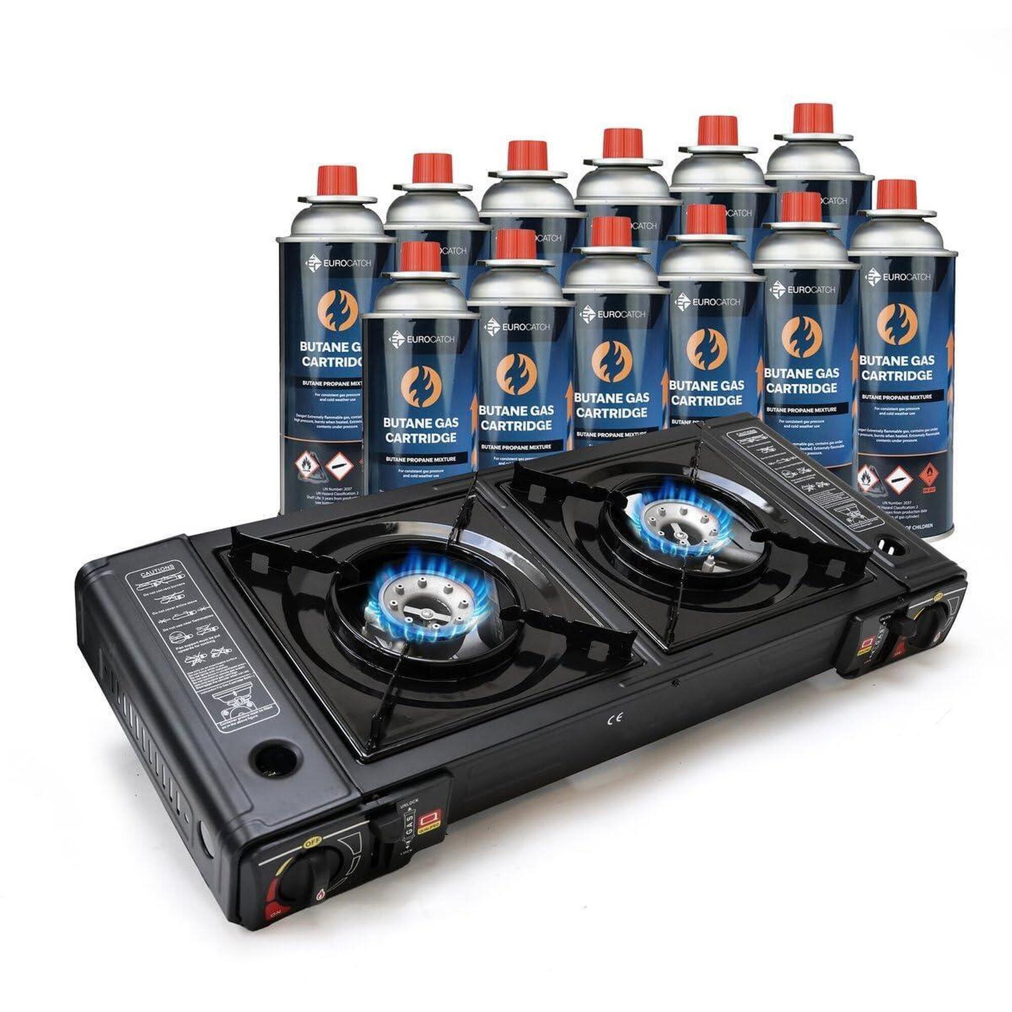 Eurocatch - Réchaud À Gaz 2 Feux - Incl. 12 Cartouches De Butane - Brûleur Camping - Réchaud - Noir - No Size - Decathlon