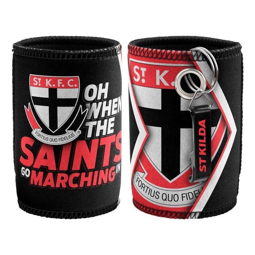 AFL Stubby Can Cooler with Bottle Opener - St Kilda Saints - Rubber Base