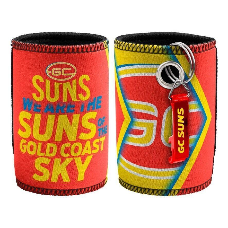 AFL Stubby Can Cooler with Bottle Opener - Gold Coast Suns - Rubber Base