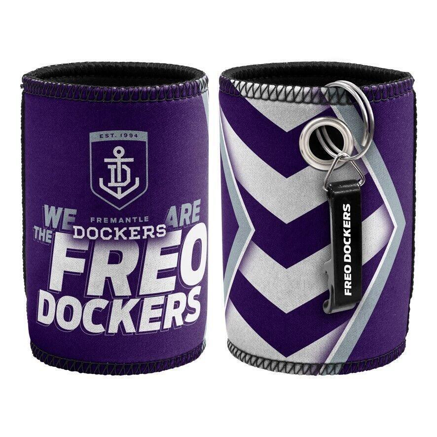 AFL Stubby Can Cooler with Bottle Opener - Fremantle Dockers - Rubber Base