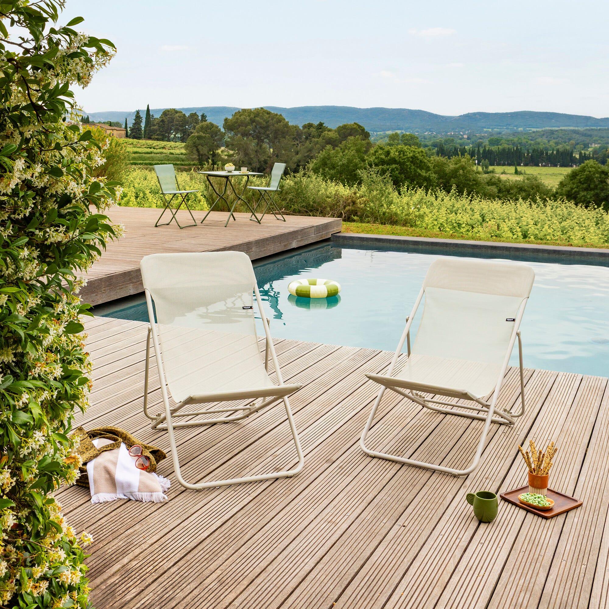 Lot de 2 Transats jardin pliants multi-positions - MAXI TRANSAT - Beige 6/7