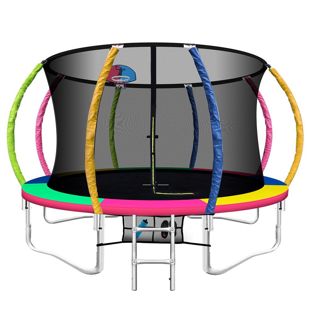 12FT Trampoline Round Trampolines With Basketball Hoop Multi-coloured