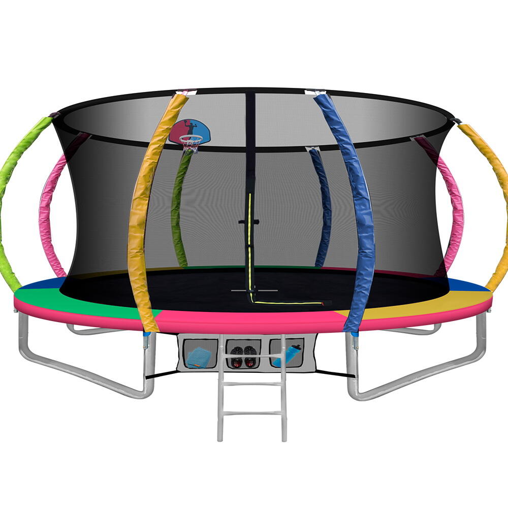 14FT Trampoline Round Trampolines W/ Basketball Hoop  Multi-coloured
